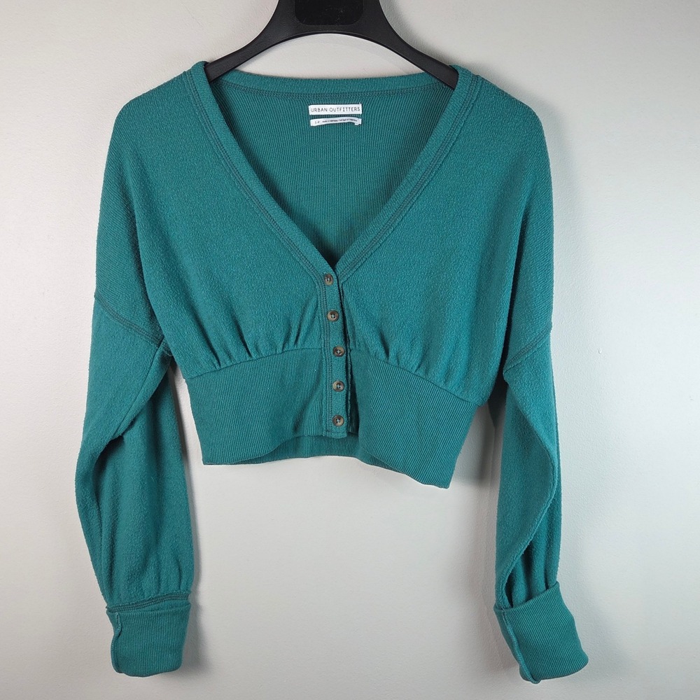 Urban Outfitters Cardigan Women S Teal Excellent Cropped Ribbed Dolman V-Neck